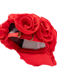 Rose red chiffon rosette statement cap featuring handcrafted floral detailing by Sassy Jones.