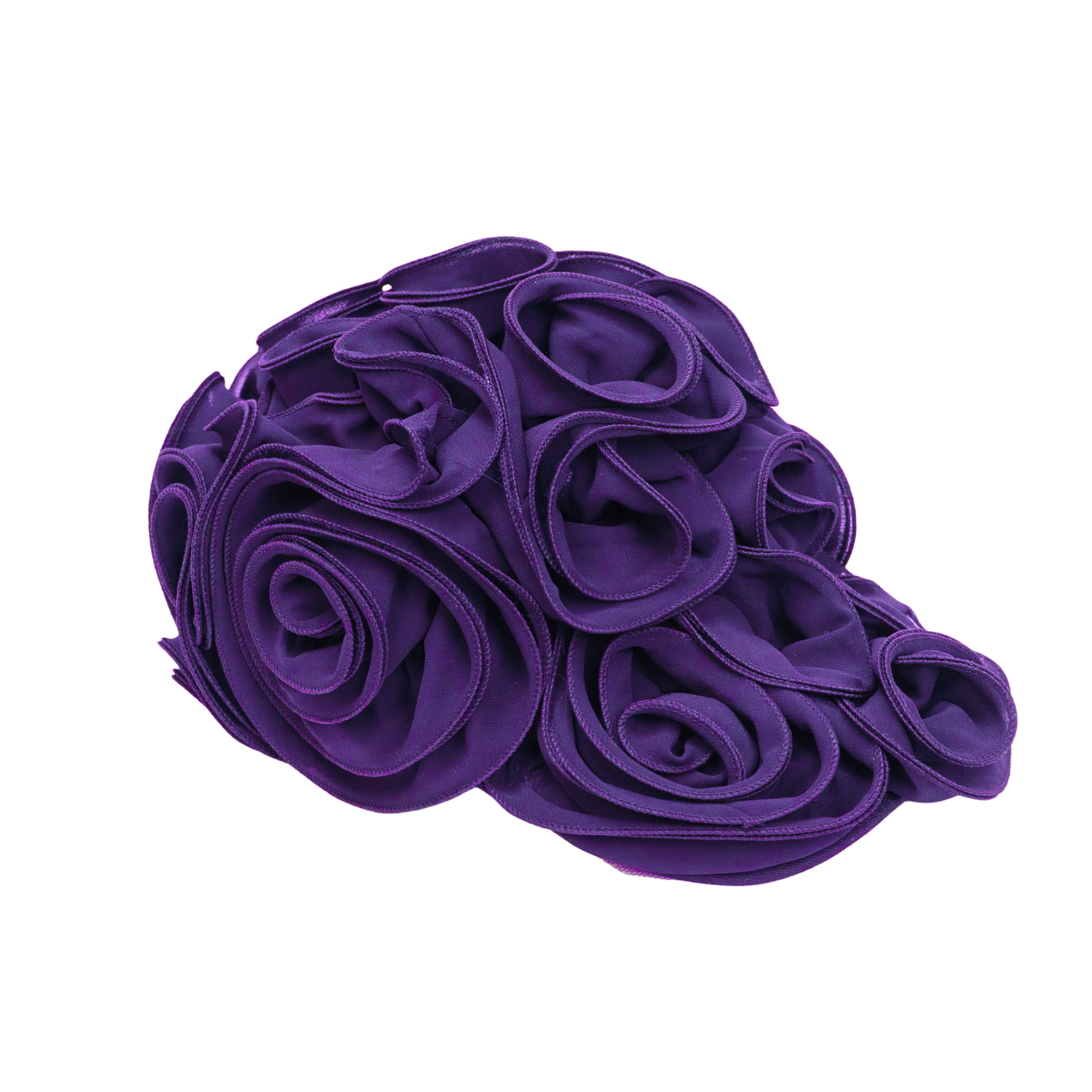 Royal purple chiffon rosette statement cap featuring handcrafted floral detailing by Sassy Jones.
