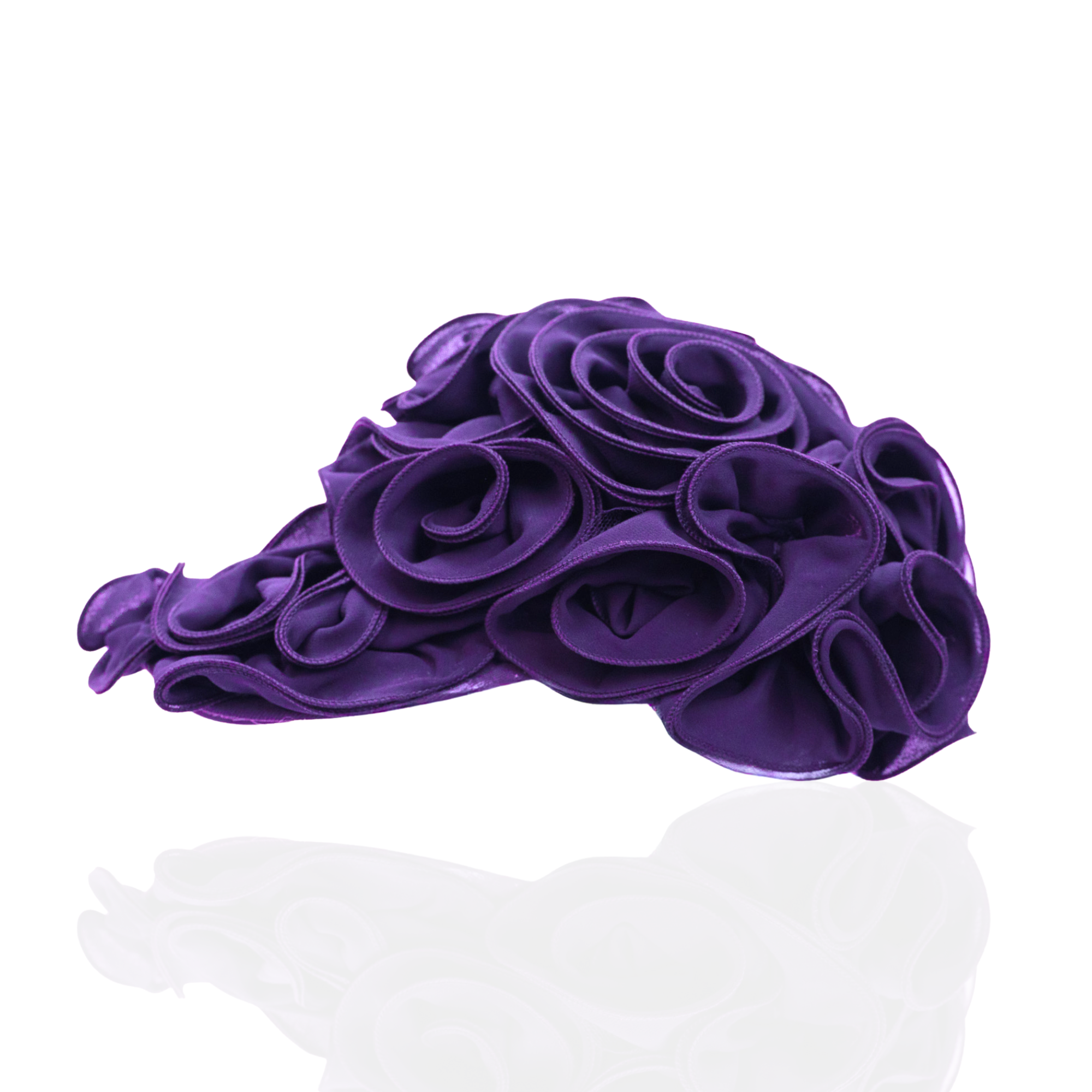 Royal purple chiffon rosette statement cap featuring handcrafted floral detailing by Sassy Jones.
