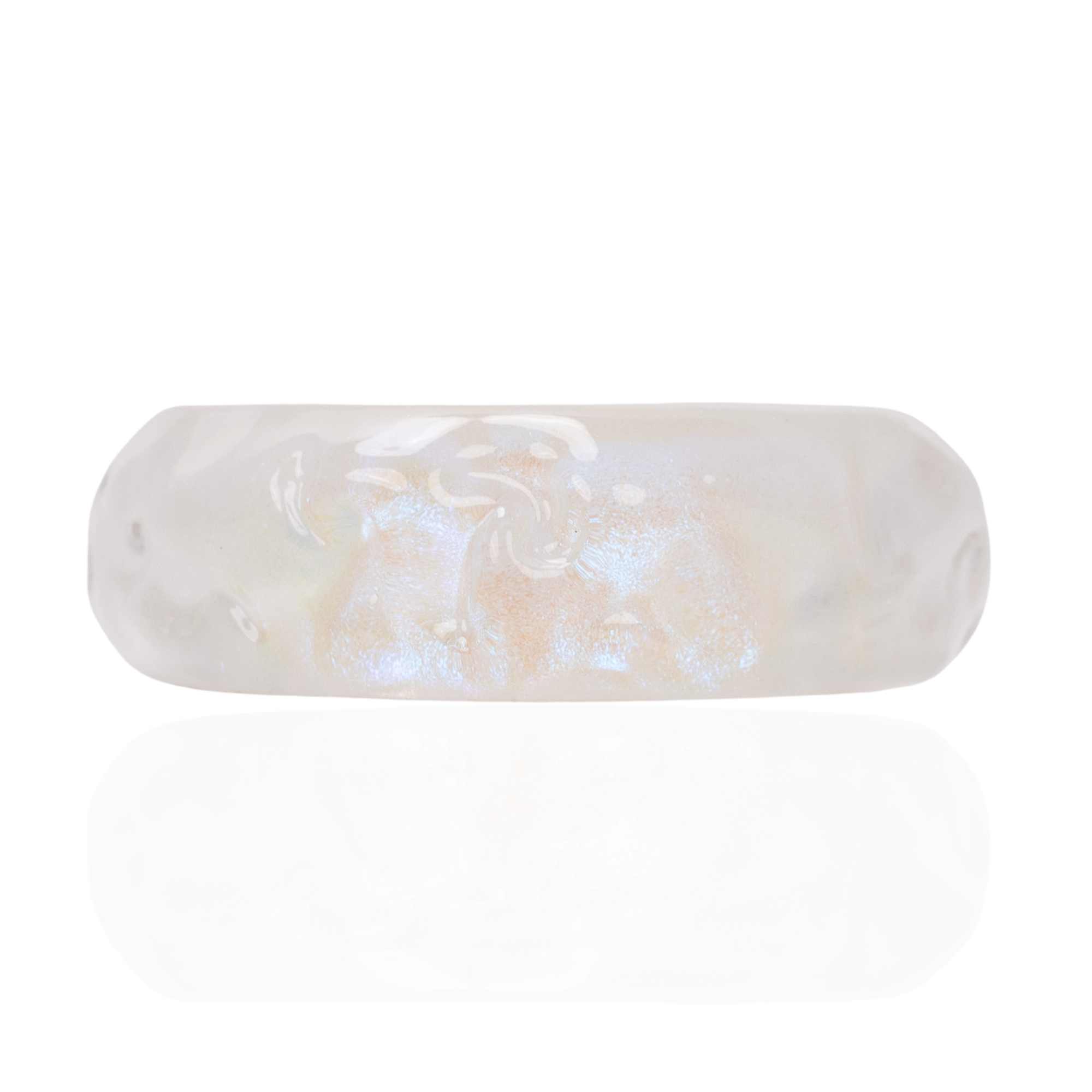 Glossy pearlescent white statement bangle bracelet with iridescent finish and rounded silhouette by Sassy Jones.