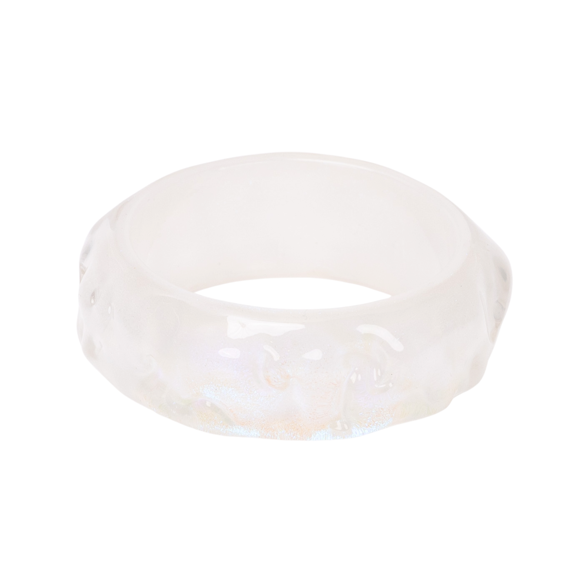 Glossy pearlescent white statement bangle bracelet with iridescent finish and rounded silhouette by Sassy Jones.