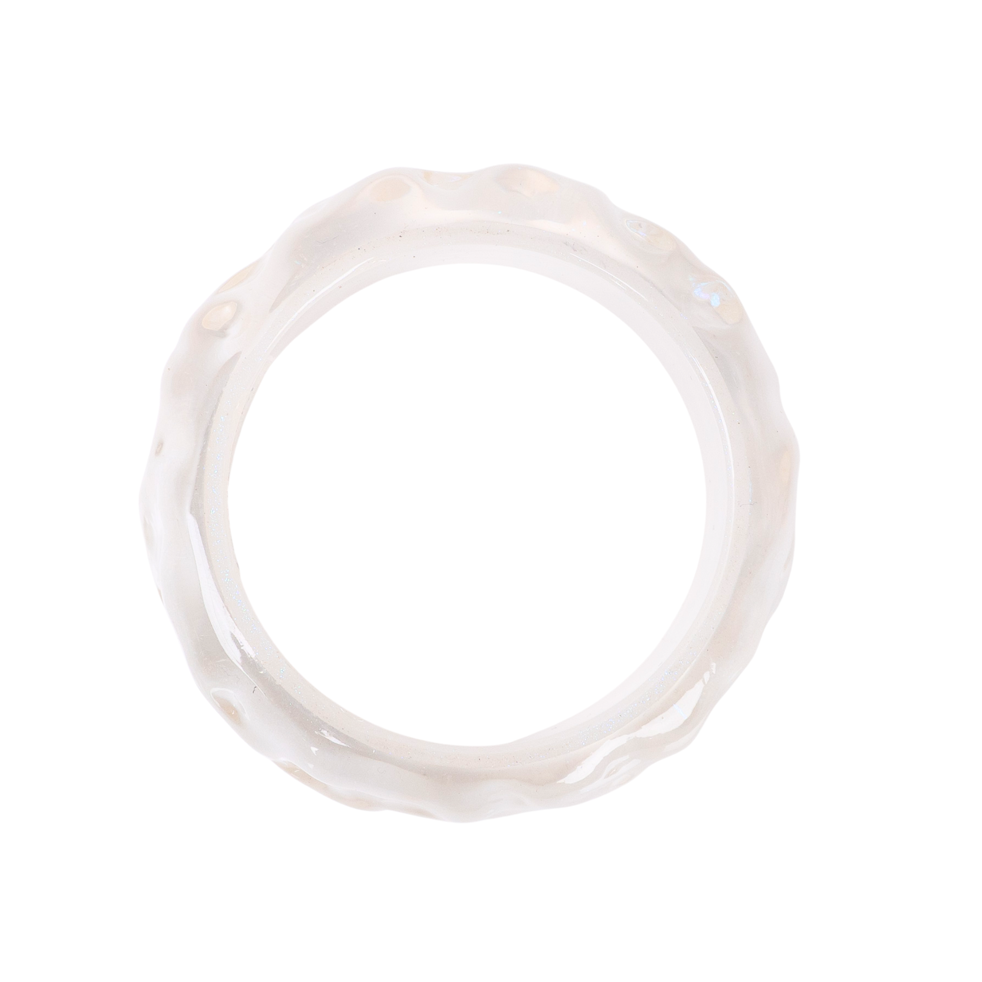 Glossy pearlescent white statement bangle bracelet with iridescent finish and rounded silhouette by Sassy Jones.