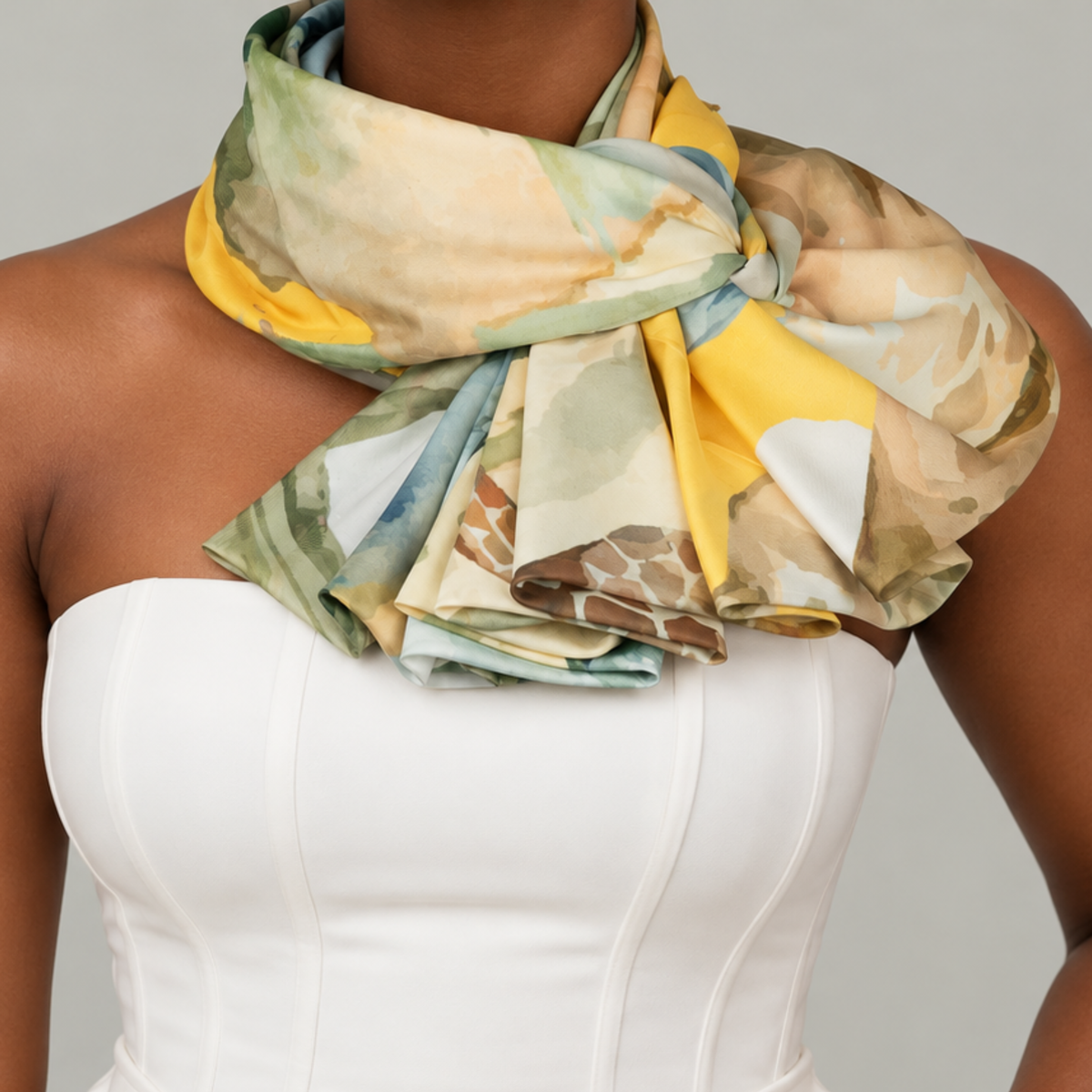 Safari inspired statement scarf featuring acacia trees, distant mountains, African wildlife and delicate white floral accents.