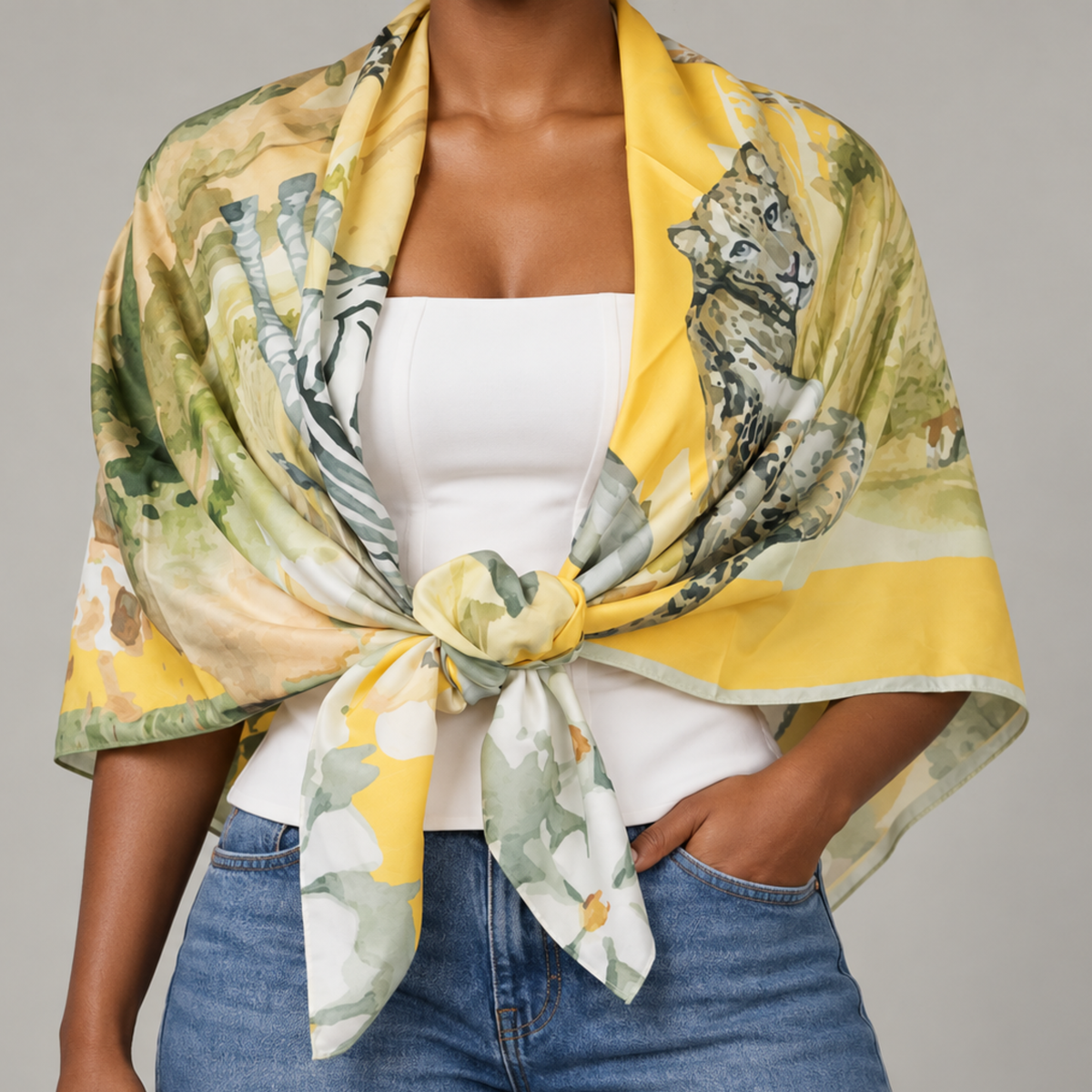 Sassy Jones Samba Serengeti Scarf showcasing an illustrated elephant, giraffe, zebra, rhinoceros and lions in a savanna setting.