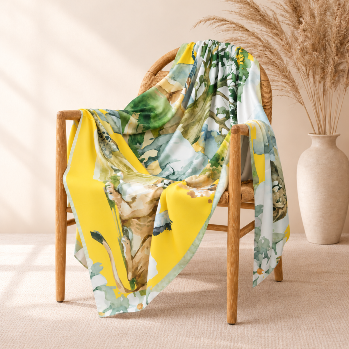 Close up of Samba Serengeti Scarf highlighting a majestic elephant, spotted leopard and resting lioness surrounded by savanna grasses.