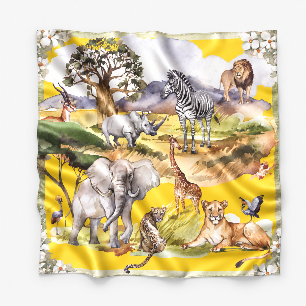 1. Samba Serengeti Oversized Square Scarf featuring African safari animals against a vibrant golden yellow landscape.