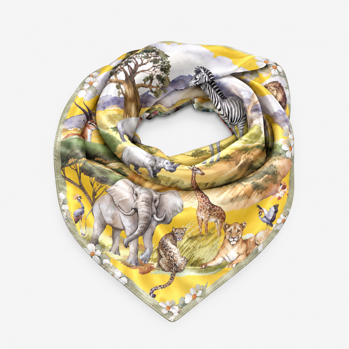 Samba Serengeti Oversized Square Scarf displayed flat with colorful wildlife illustrations and a soft green botanical border.