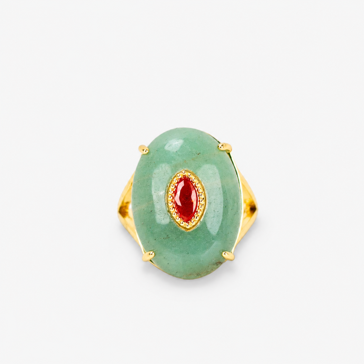 Samira Natural Stone Ring in Jade featuring an oversized smooth green stone with a warm colored center accent.