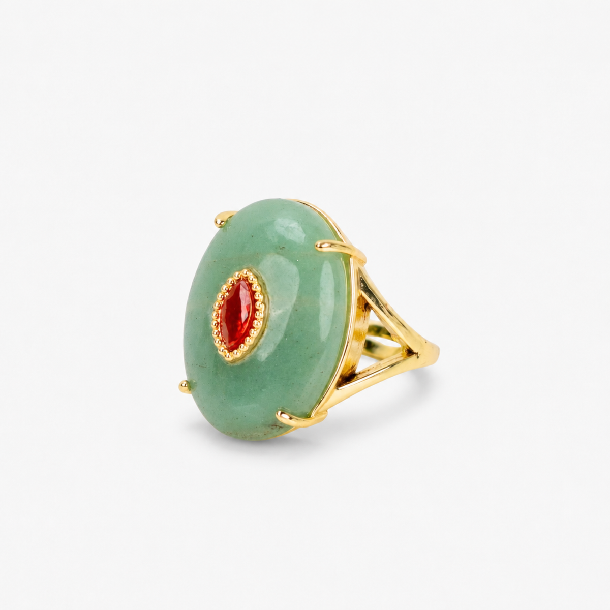 Jade statement ring featuring a large polished green stone and petite contrasting centerpiece with Gold tone finish.