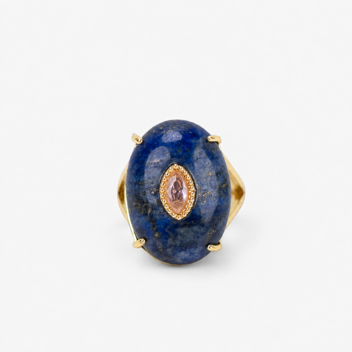 Samira Natural Stone Ring in Navy featuring an oversized deep blue stone with lavender center accent.