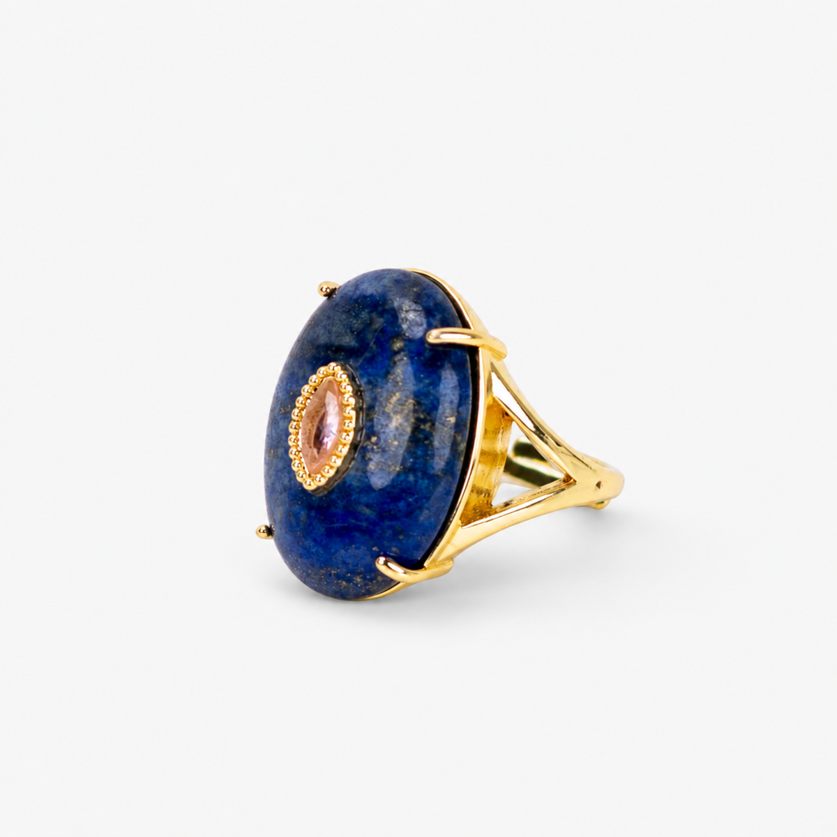 Sassy Jones Samira Navy ring featuring an oversized natural stone silhouette with contrasting lavender centerpiece.