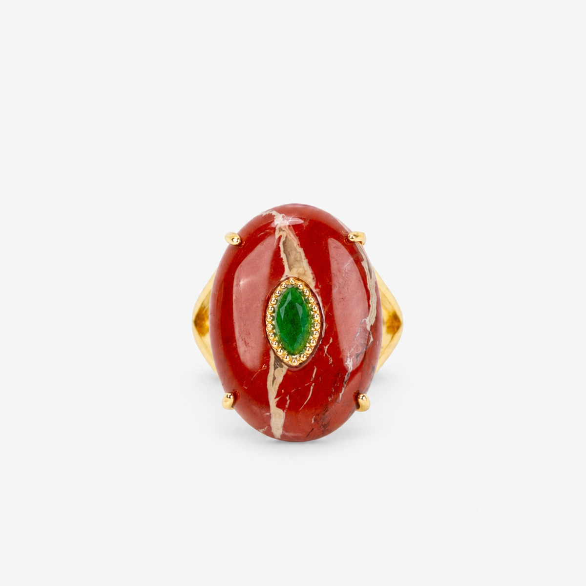 Samira Natural Stone Ring in Mulberry Wine featuring an oversized wine colored stone with green center accent.