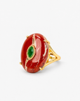 Mulberry Wine statement ring featuring a smooth deep red stone, jewel green center and Gold tone finish.
