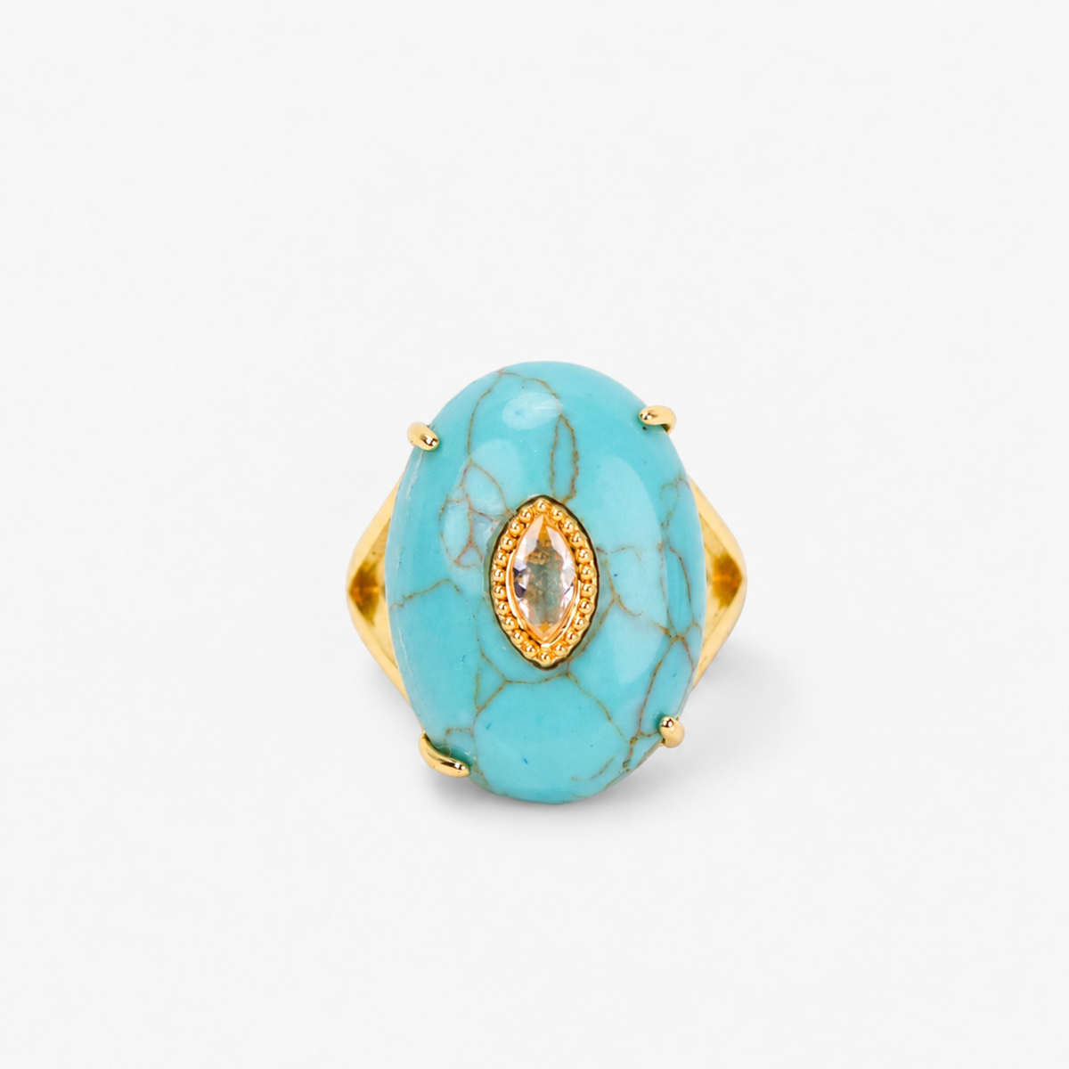 Samira Natural Stone Ring in Teal featuring an oversized blue green stone with distinctive dark veining.