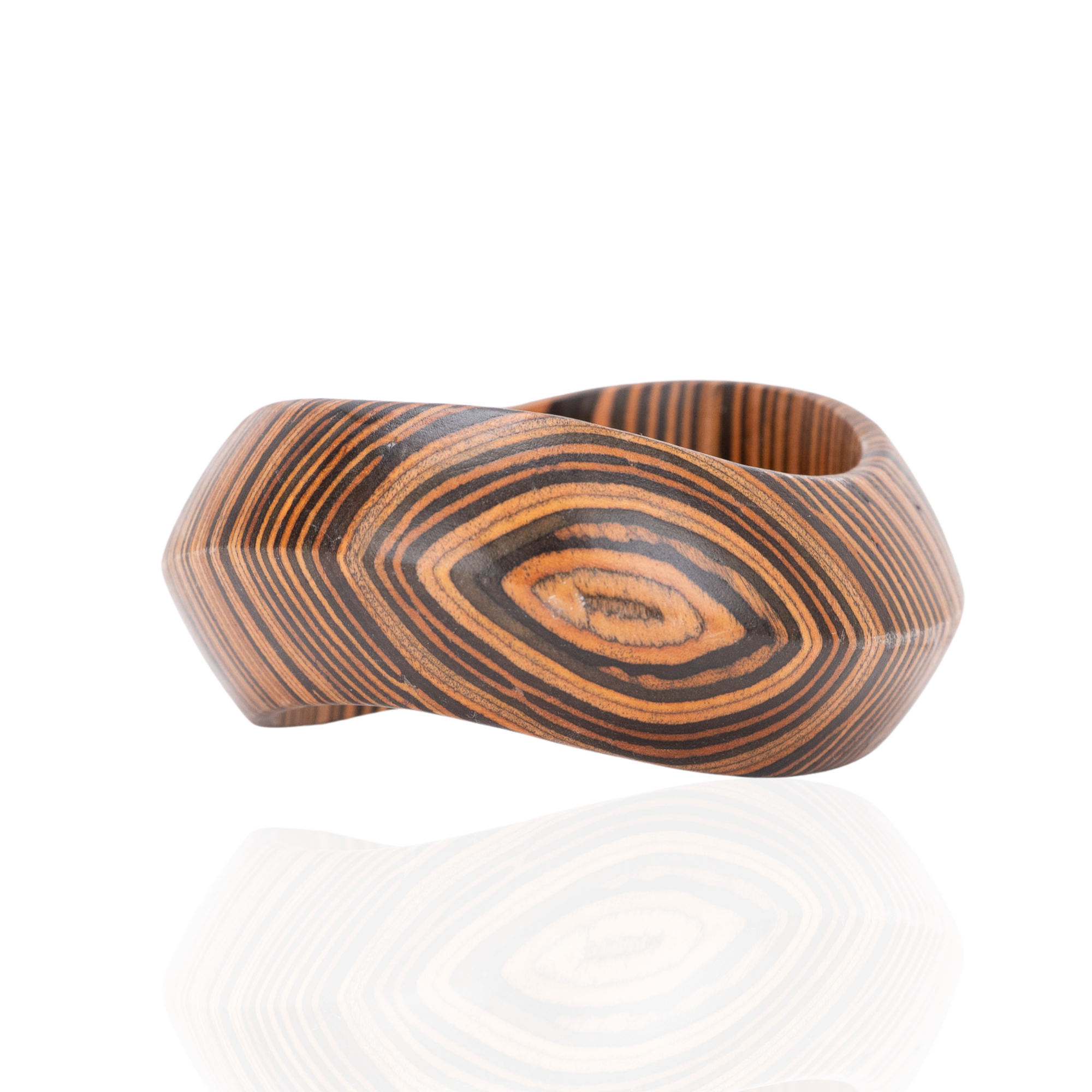Abstract sculptural woodgrain inspired statement bangle bracelet in espresso and caramel tones with polished asymmetrical silhouette by Sassy Jones.