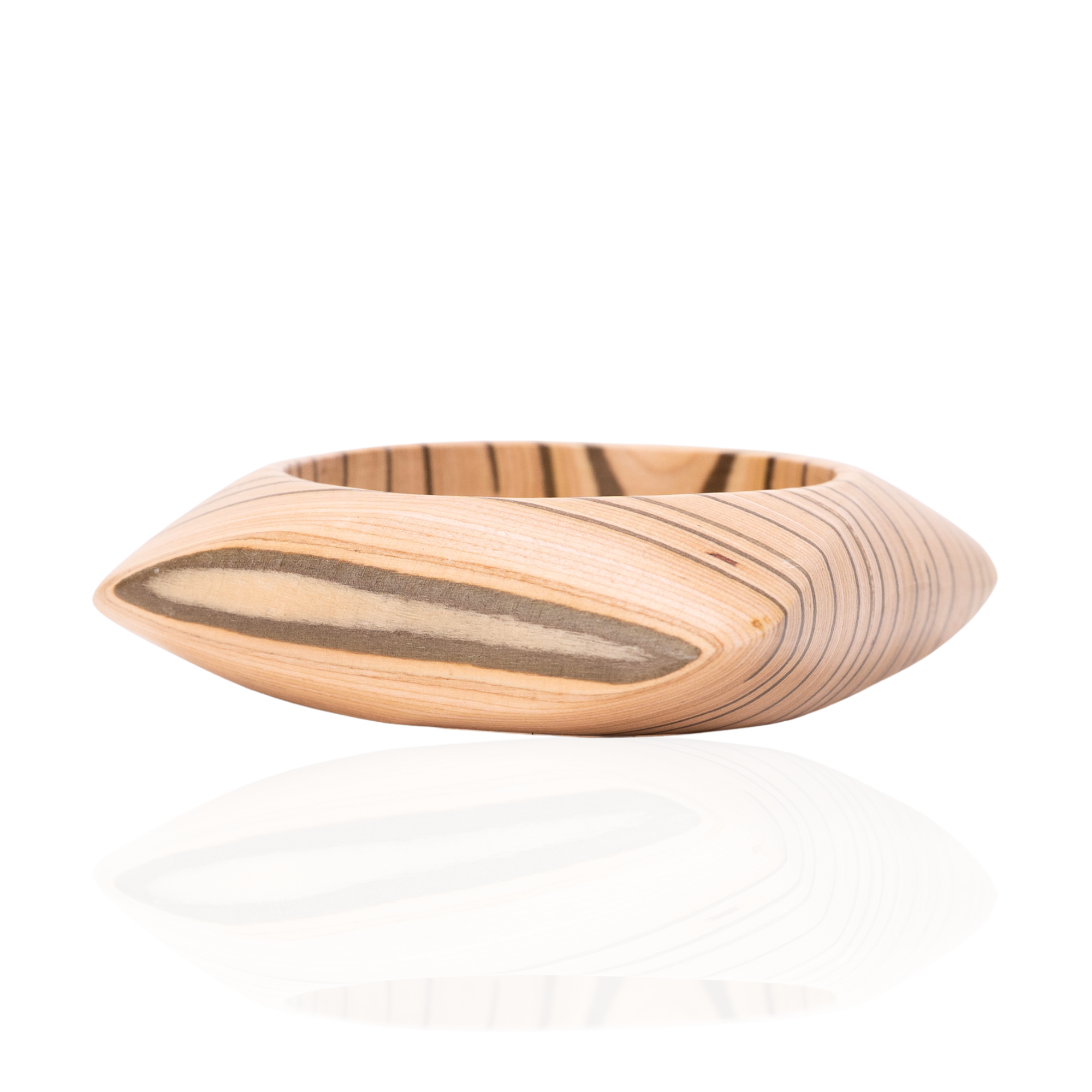 Neutral woodgrain inspired sculptural statement bangle bracelet with asymmetrical silhouette and soft espresso striping by Sassy Jones.