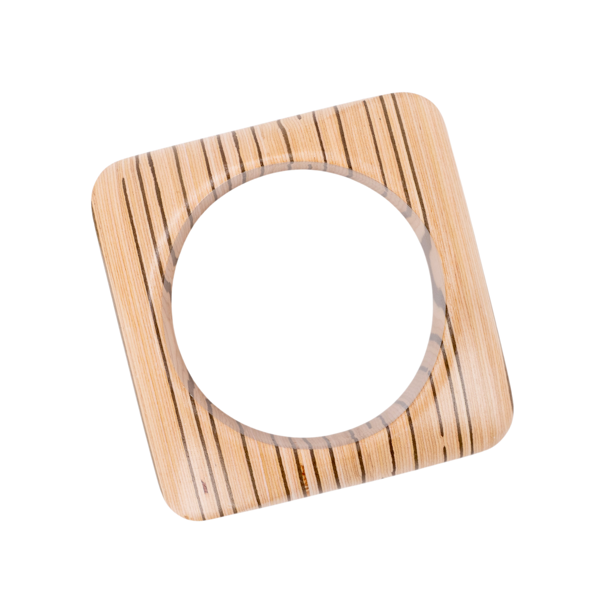 Neutral woodgrain inspired sculptural statement bangle bracelet with asymmetrical silhouette and soft espresso striping by Sassy Jones.