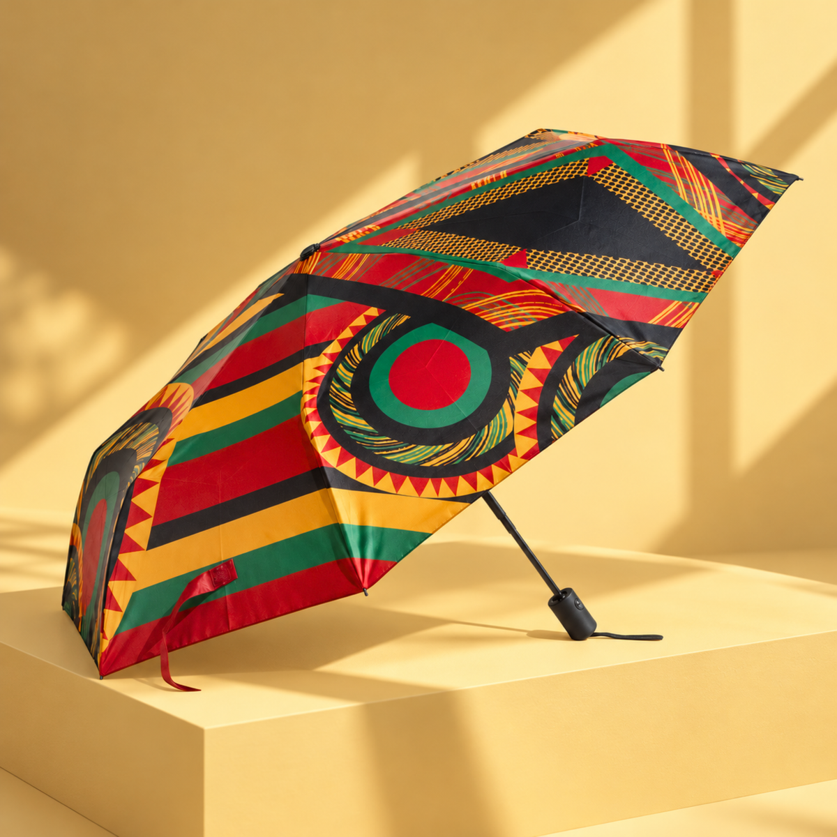 Sassy Jones Afrikaan Umbrella featuring vibrant red, green, yellow and black geometric patterns.