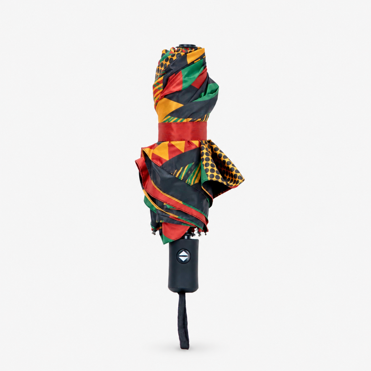 Colorful folding umbrella featuring circular designs, graphic stripes and African inspired patterns.
