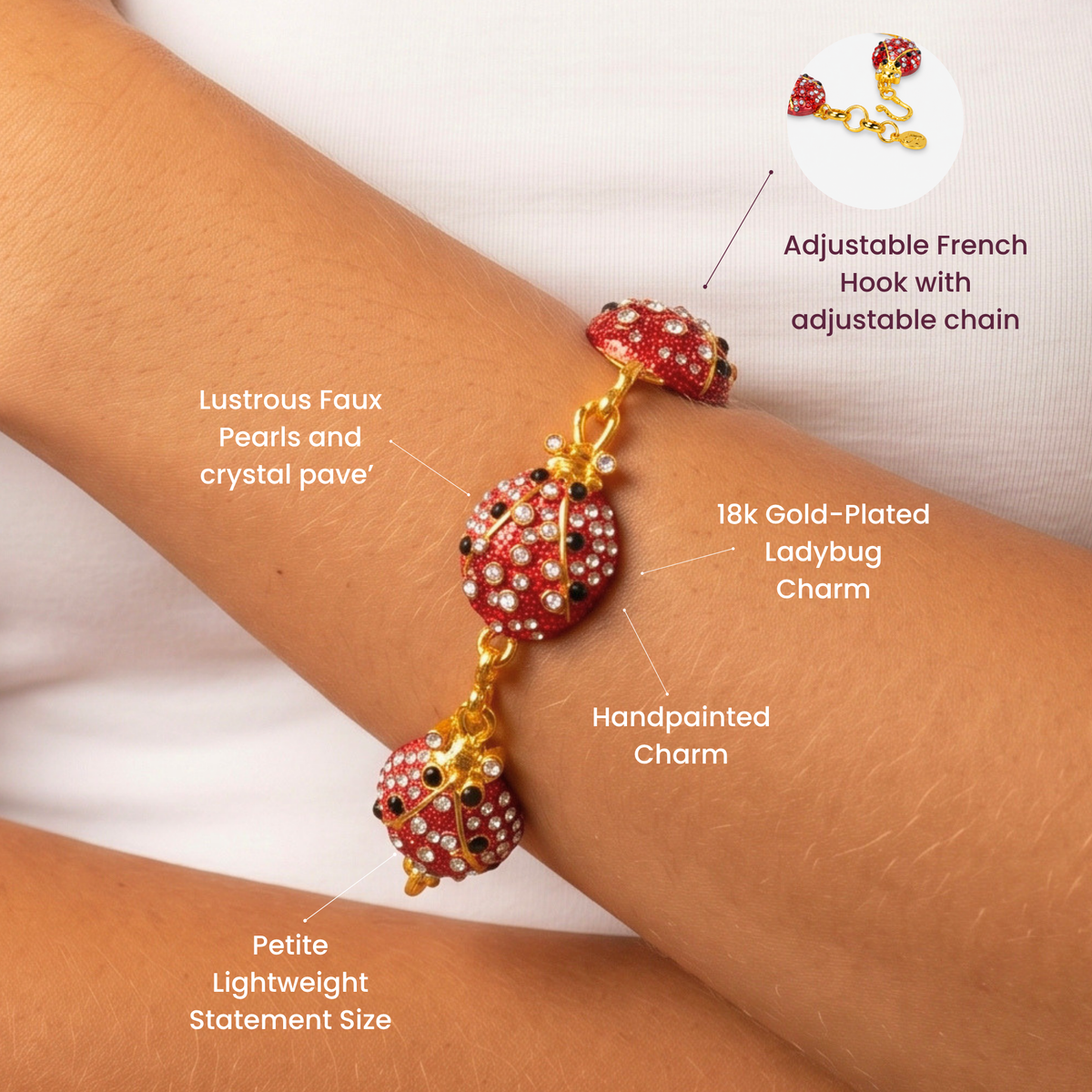 Scarlette 18k Dainty Pearl Bracelet - Ladybug,Bracelets, Sassy Jones,