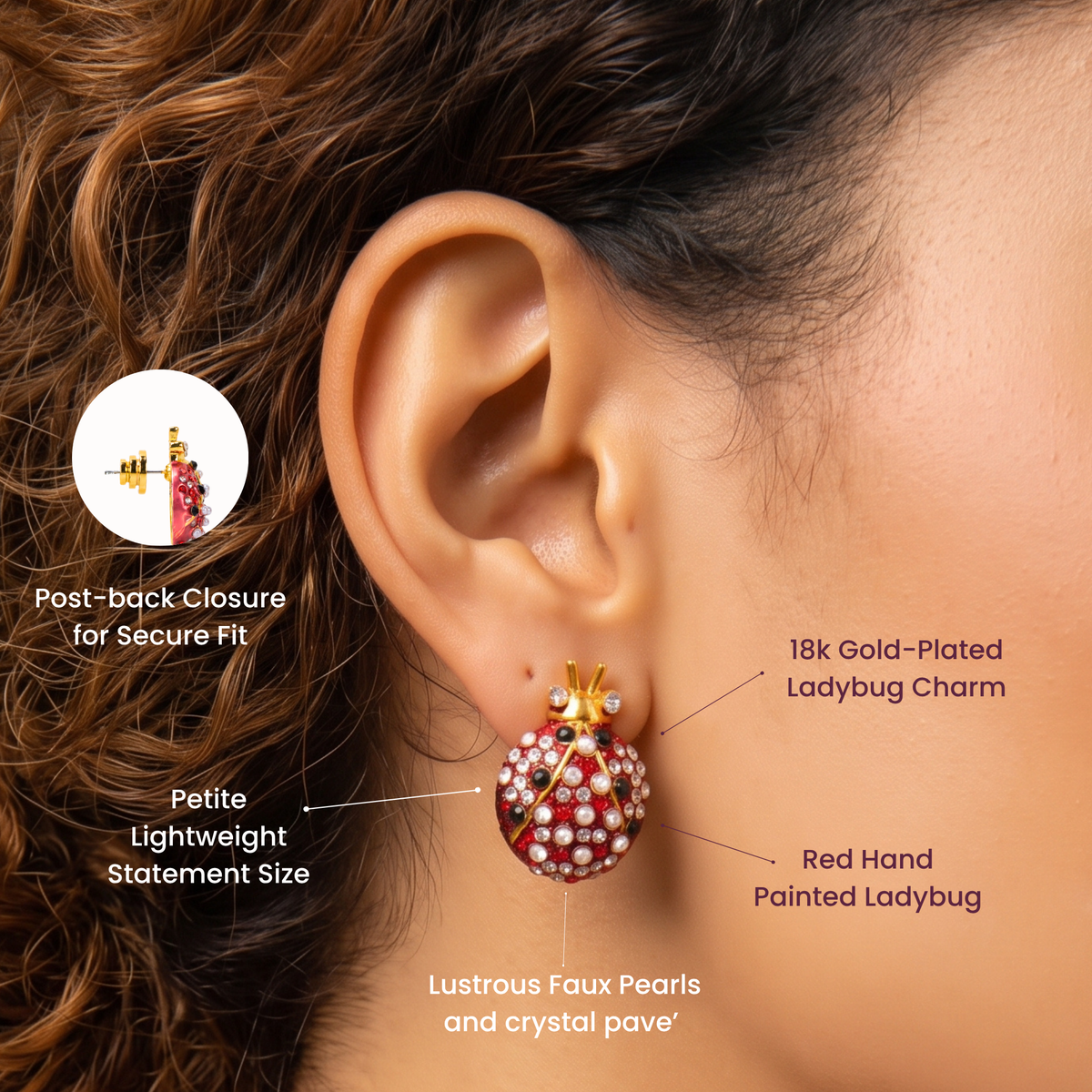 Red ladybug statement stud earrings decorated with small white pearls, clear crystals and glossy black accents.