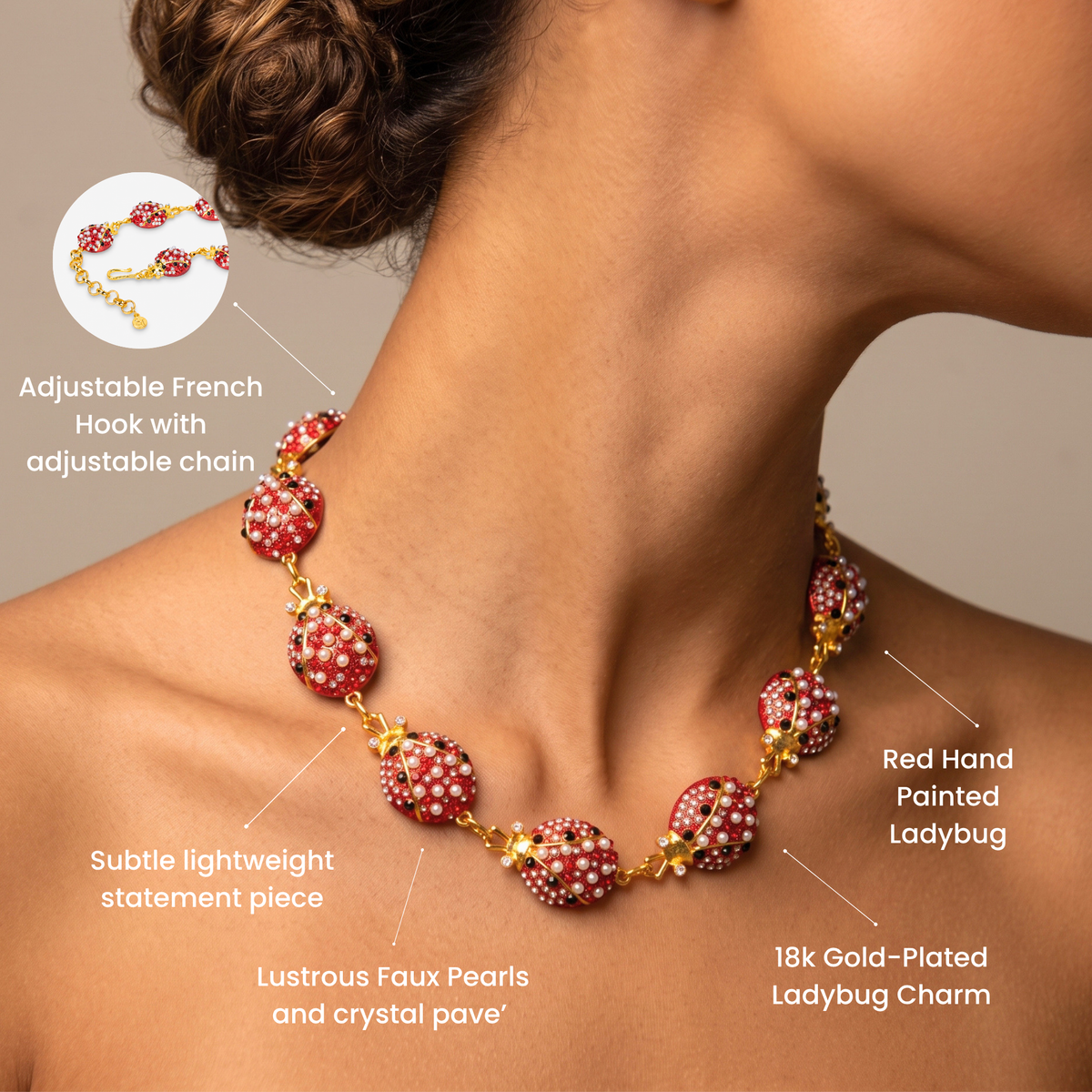 Scarlette 18k Dainty Pearl Chain - Ladybug,Necklaces, Sassy Jones,