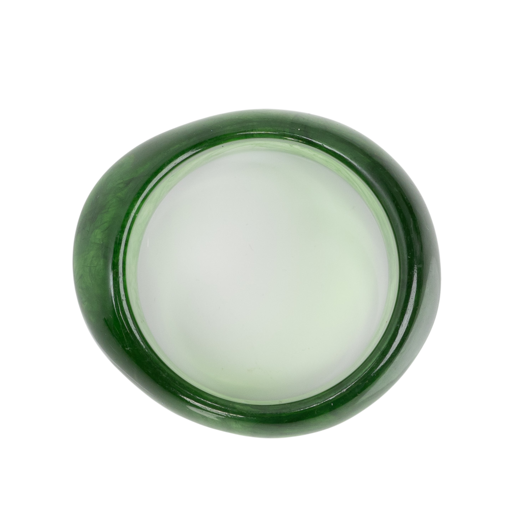 Glossy emerald green marbled sculptural statement bangle bracelet with fluid asymmetrical silhouette by Sassy Jones.