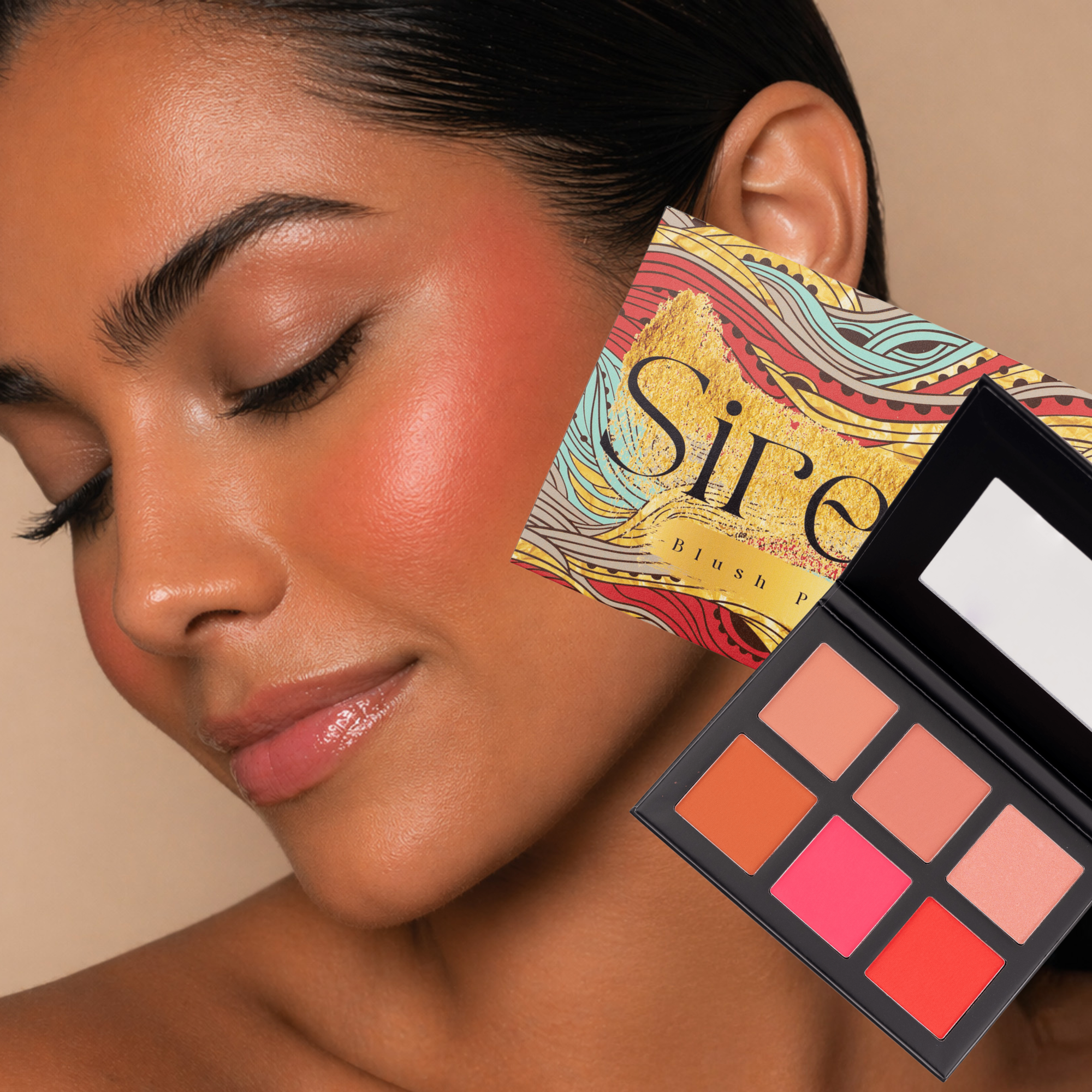 Sirena Blush Palette featuring six radiant blush shades in coral, peach, pink, and nude tones beside model with glowing skin