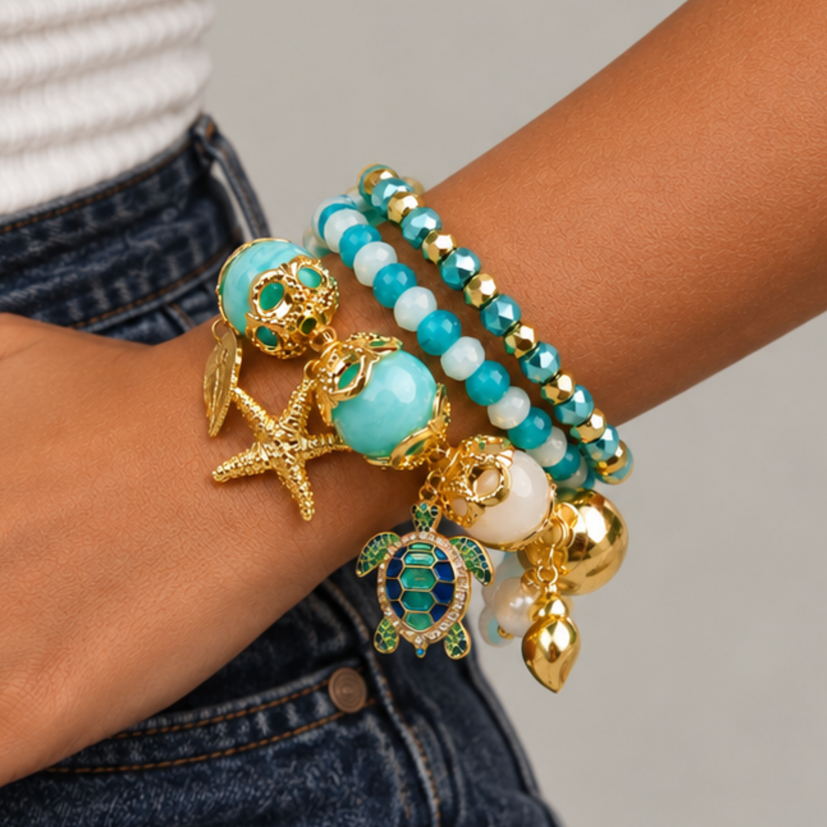 Soleia Sea Turtle 3pc Chunky Stack featuring turquoise, ivory, and gold beads with coastal charms.
