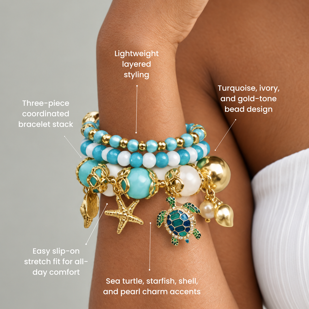 Three piece coastal bracelet stack featuring aqua beads, gold accents, and sea turtle, starfish, and shell charms.