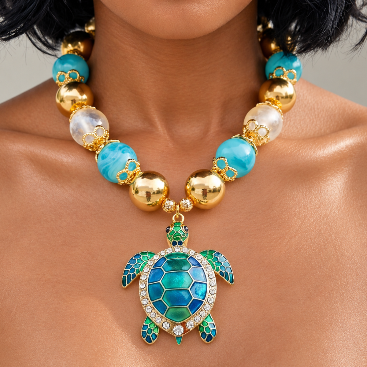 Soleia Sea Turtle Chunky Chain featuring oversized turquoise and gold beads with a jeweled sea turtle pendant.
