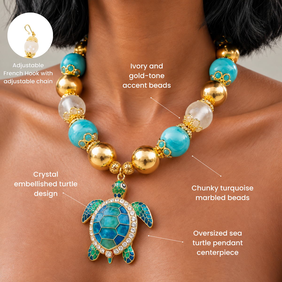 Chunky coastal statement necklace featuring oversized beads and a blue and green enamel sea turtle pendant.