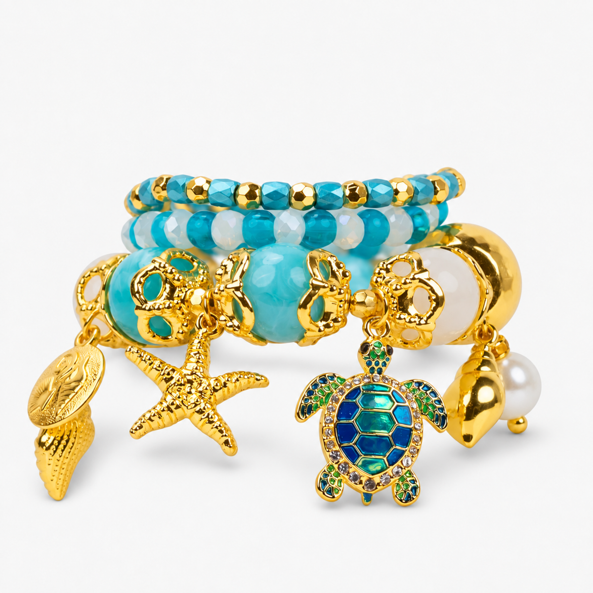 Soleia Sea Turtle 3pc Chunky Stack featuring turquoise, ivory, and gold beads with coastal charms.