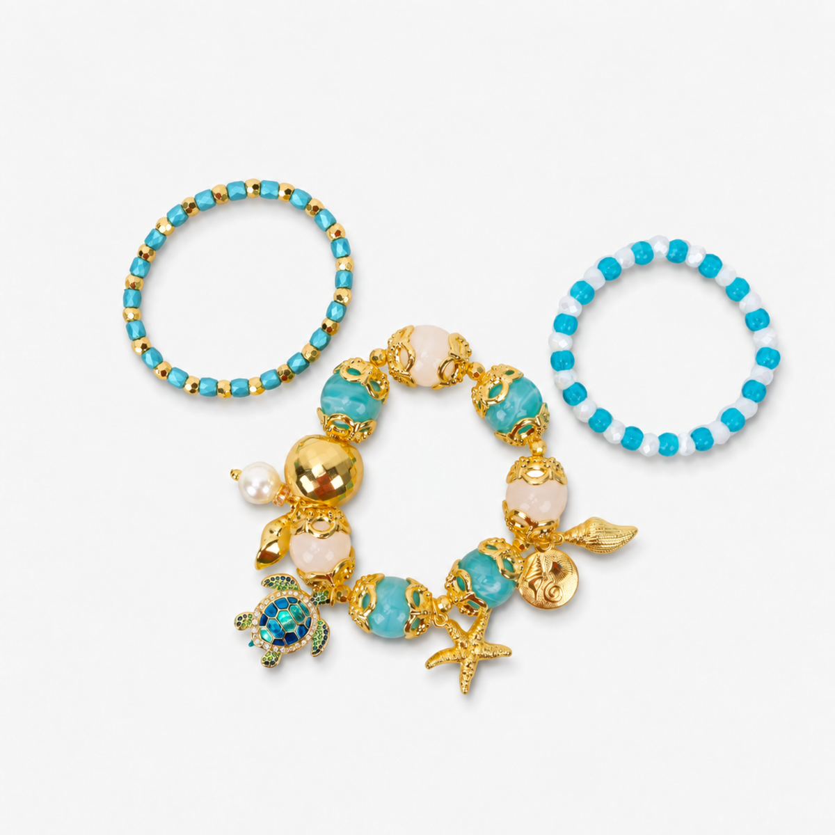 Soleia Sea Turtle 3pc Chunky Stack featuring turquoise, ivory, and gold beads with coastal charms.