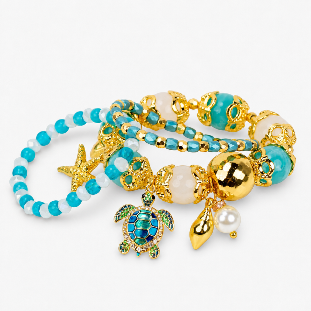 Soleia Sea Turtle 3pc Chunky Stack featuring turquoise, ivory, and gold beads with coastal charms.