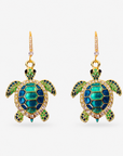 Sassy Jones Soleia statement earrings featuring jeweled sea turtle pendants suspended from crystal lined drops.