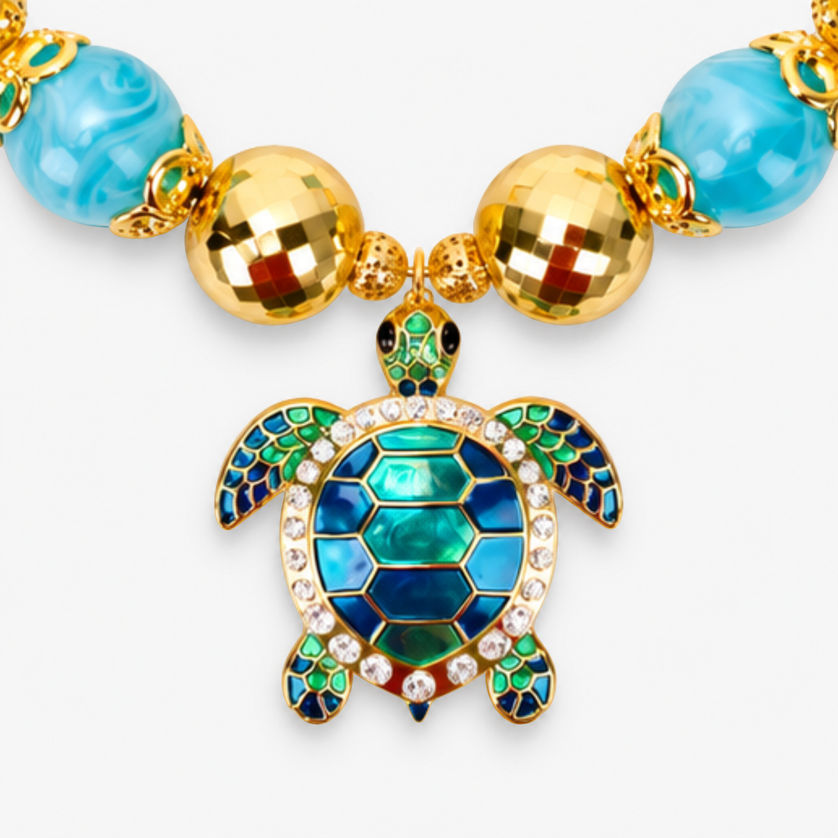 Chunky coastal statement necklace featuring oversized beads and a blue and green enamel sea turtle pendant.