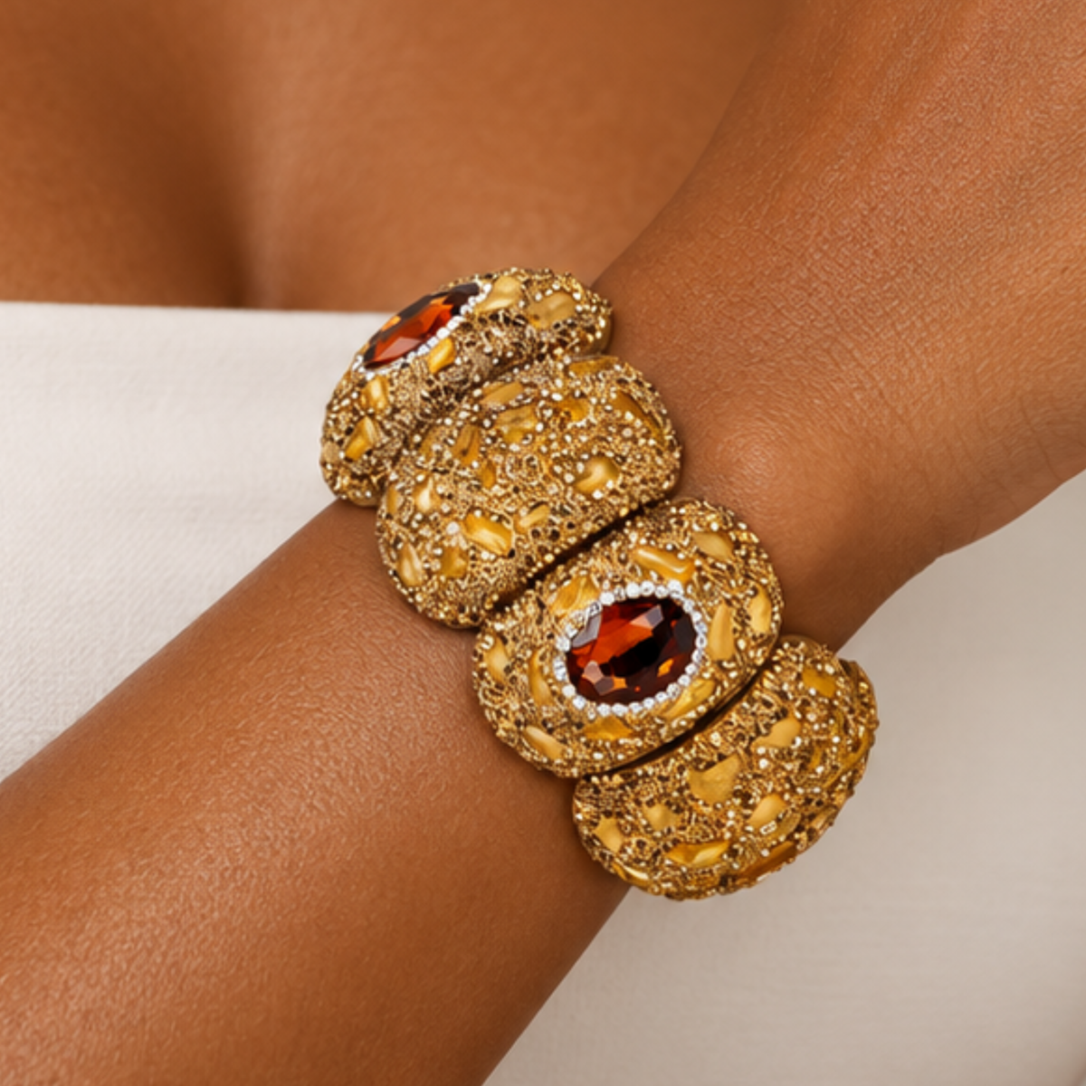 Sassy Jones Soraya Luxe Bracelet featuring dimensional brown and amber details with allover crystal embellishment.