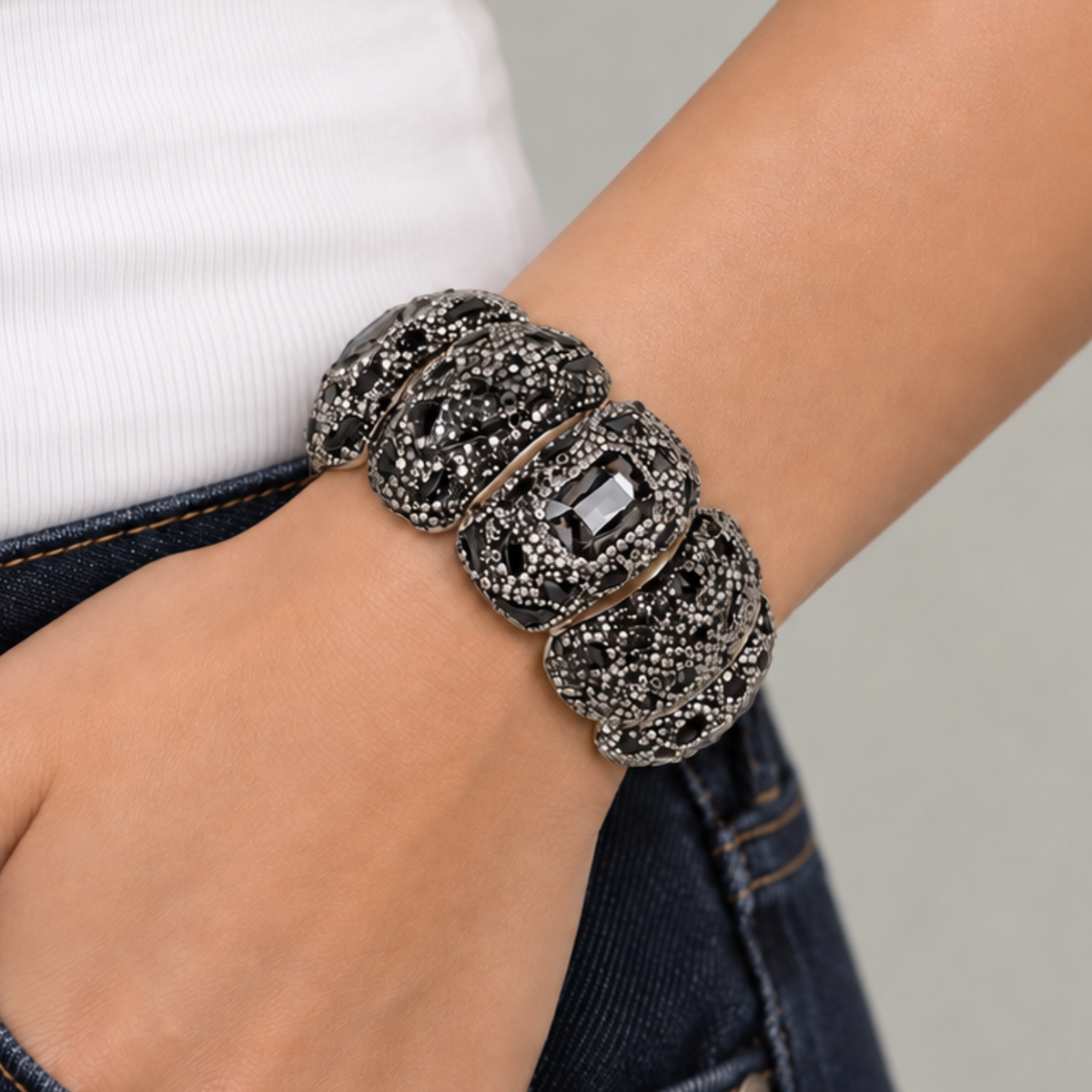 Sassy Jones Soraya Luxe Bracelet featuring chunky black sections with allover dark crystal embellishments.