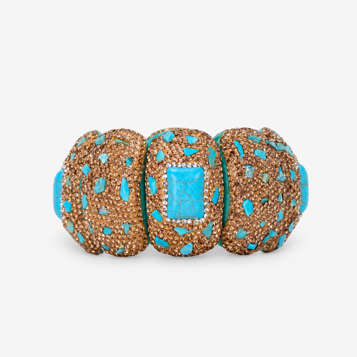 Soraya Luxe Stretch Bracelet in Teal featuring oversized sculptural segments with blue green stone and crystal accents.