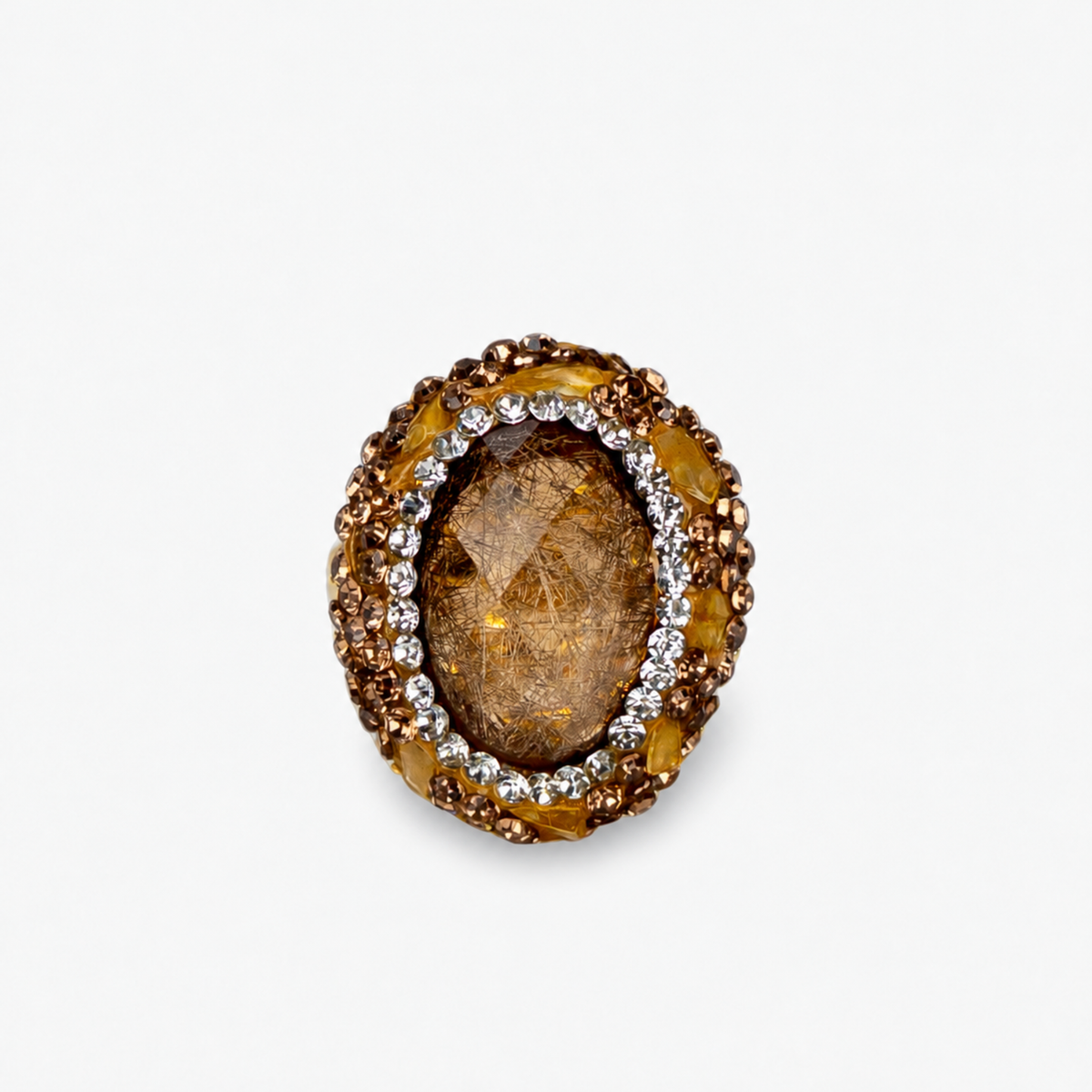 Soraya Luxe Ring in Amber featuring an oversized warm brown stone surrounded by sparkling crystal accents.