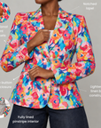 Womens floral statement blazer featuring vivid pink, blue, orange, yellow, green, and turquoise flowers.