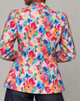 Summer Garden Blazer featuring a vibrant multicolor painterly floral print and tailored single button silhouette.