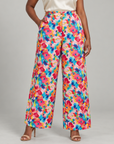 Summer Garden Trouser featuring a colorful painterly floral print and relaxed wide leg silhouette.