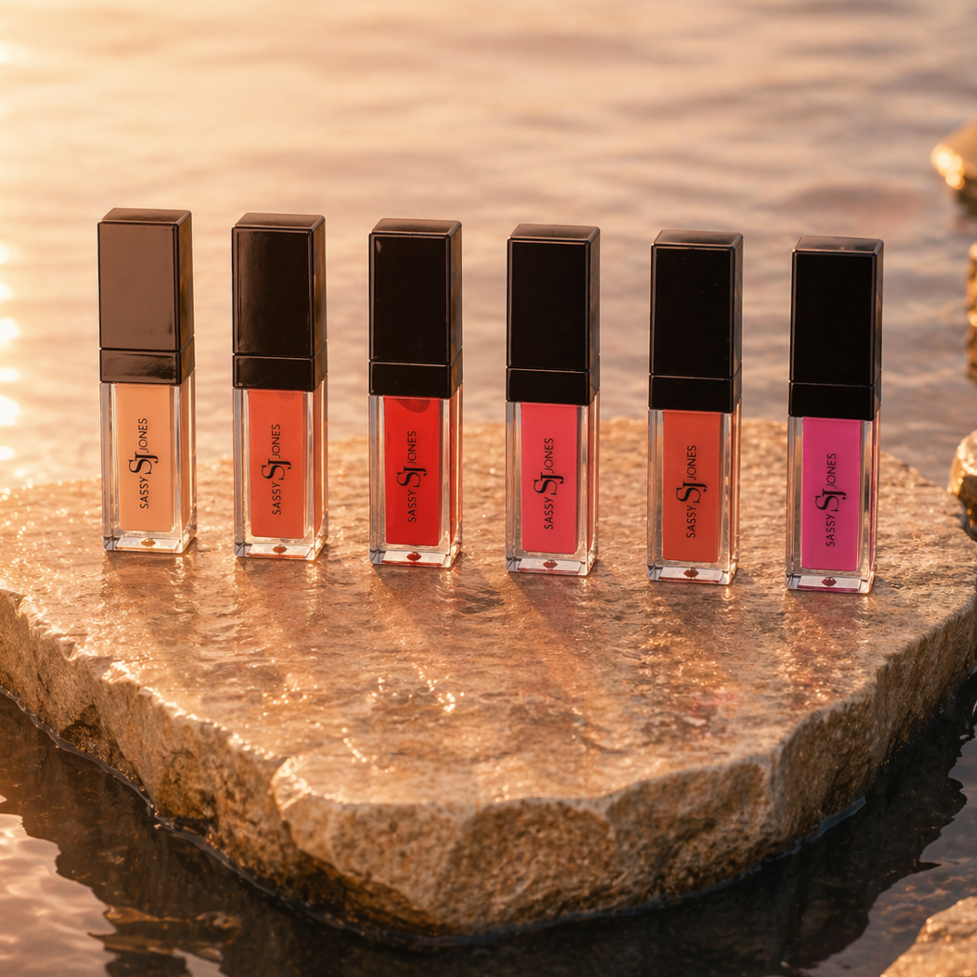 Six piece lip gloss set in pink box featuring neutral, coral, red, and pink shades with high shine finish.