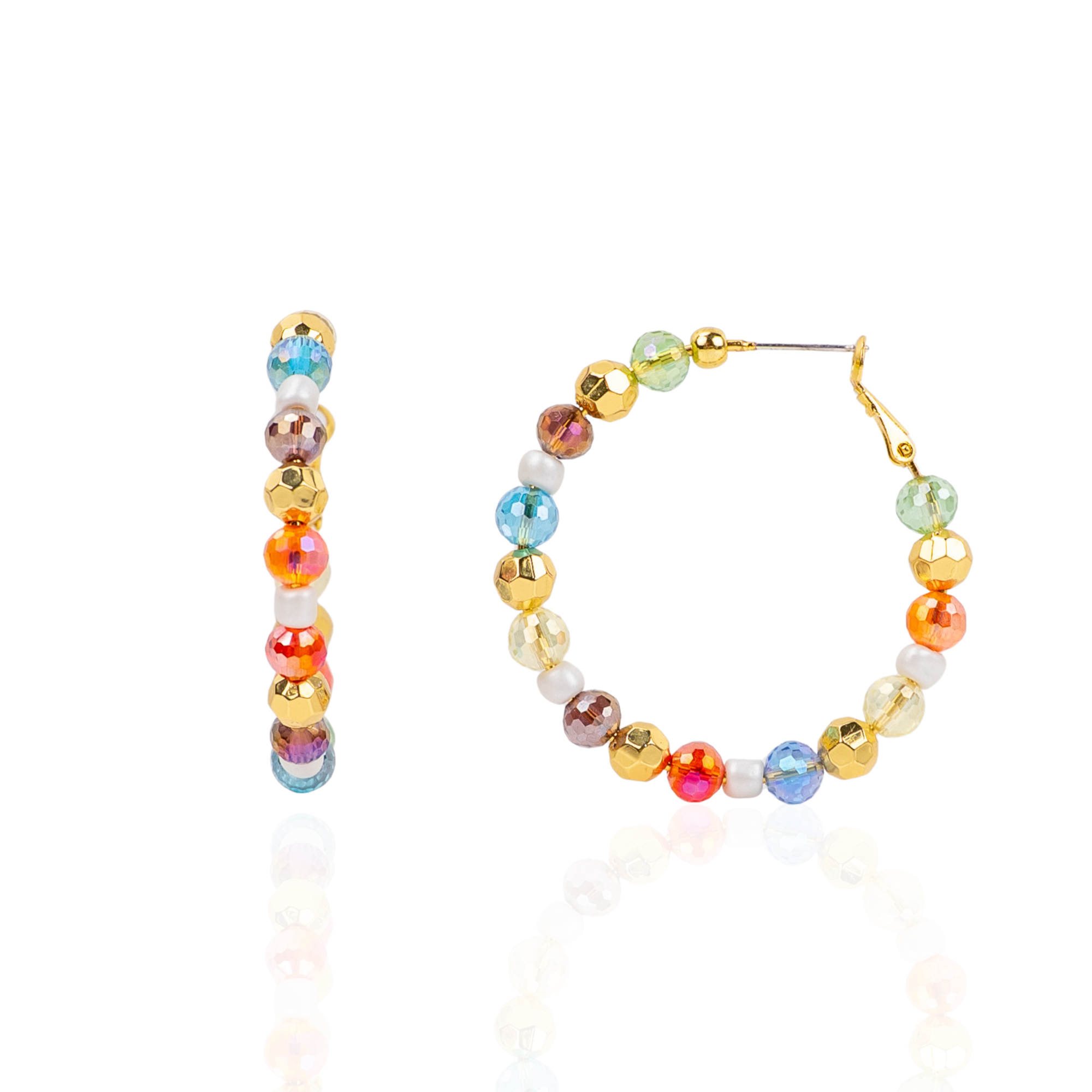 Colorful glass bead and pearl hoop earrings with gold accents designed for playful luxury styling