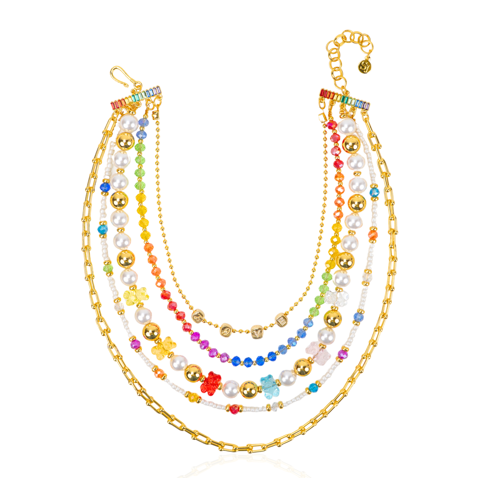 Colorful layered pearl and teddy bear necklace paired with a glittering rose gold lipstick clutch featuring three exclusive pink lipstick shades by Sassy Jones.