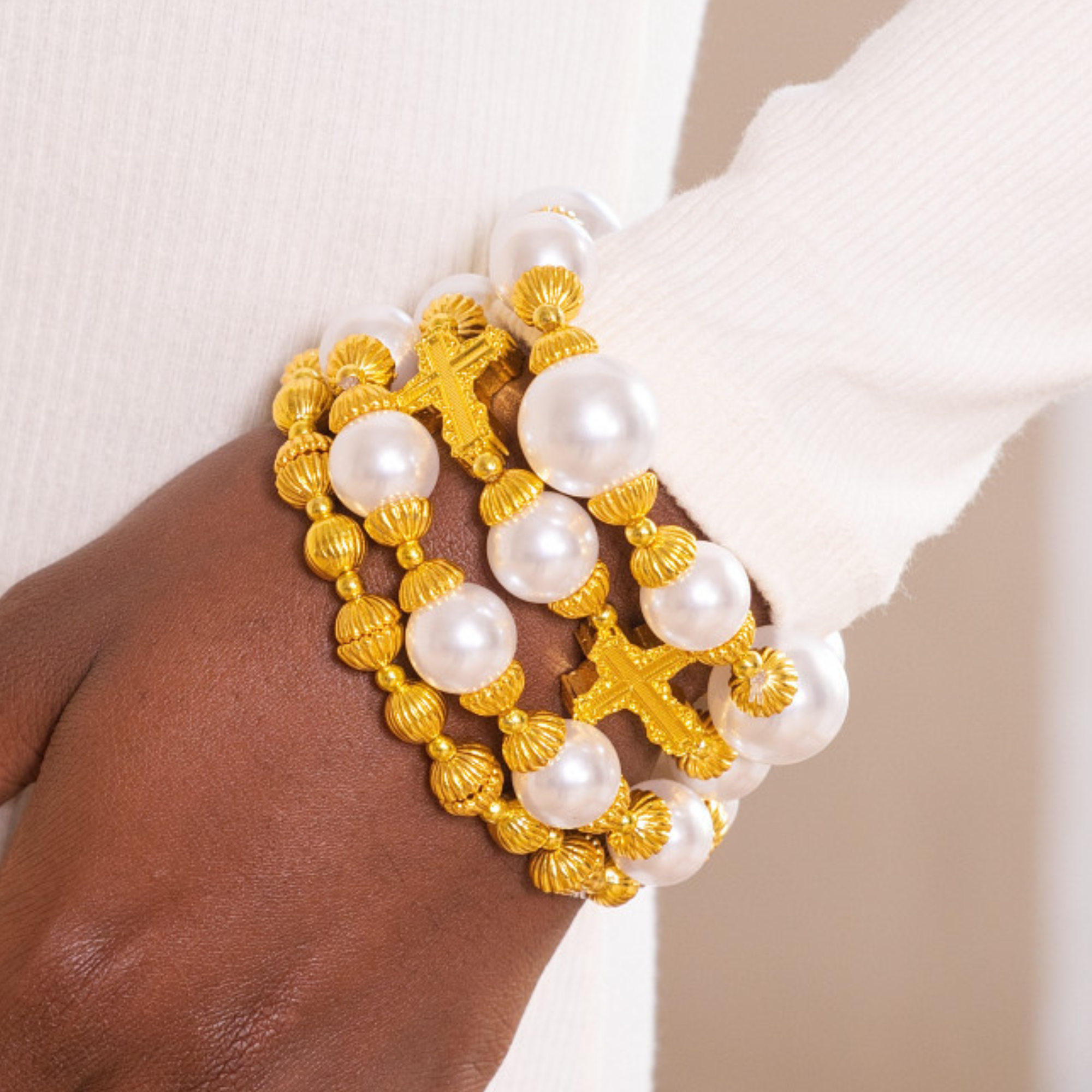 pearl bracelet stack, cross bracelet, stretch bracelet women, statement bracelet stack, fashion pearl bracelet, gold pearl bracelet, luxury bracelet women, religious jewelry bracelet, boutique bracelets, bold bracelet jewelry