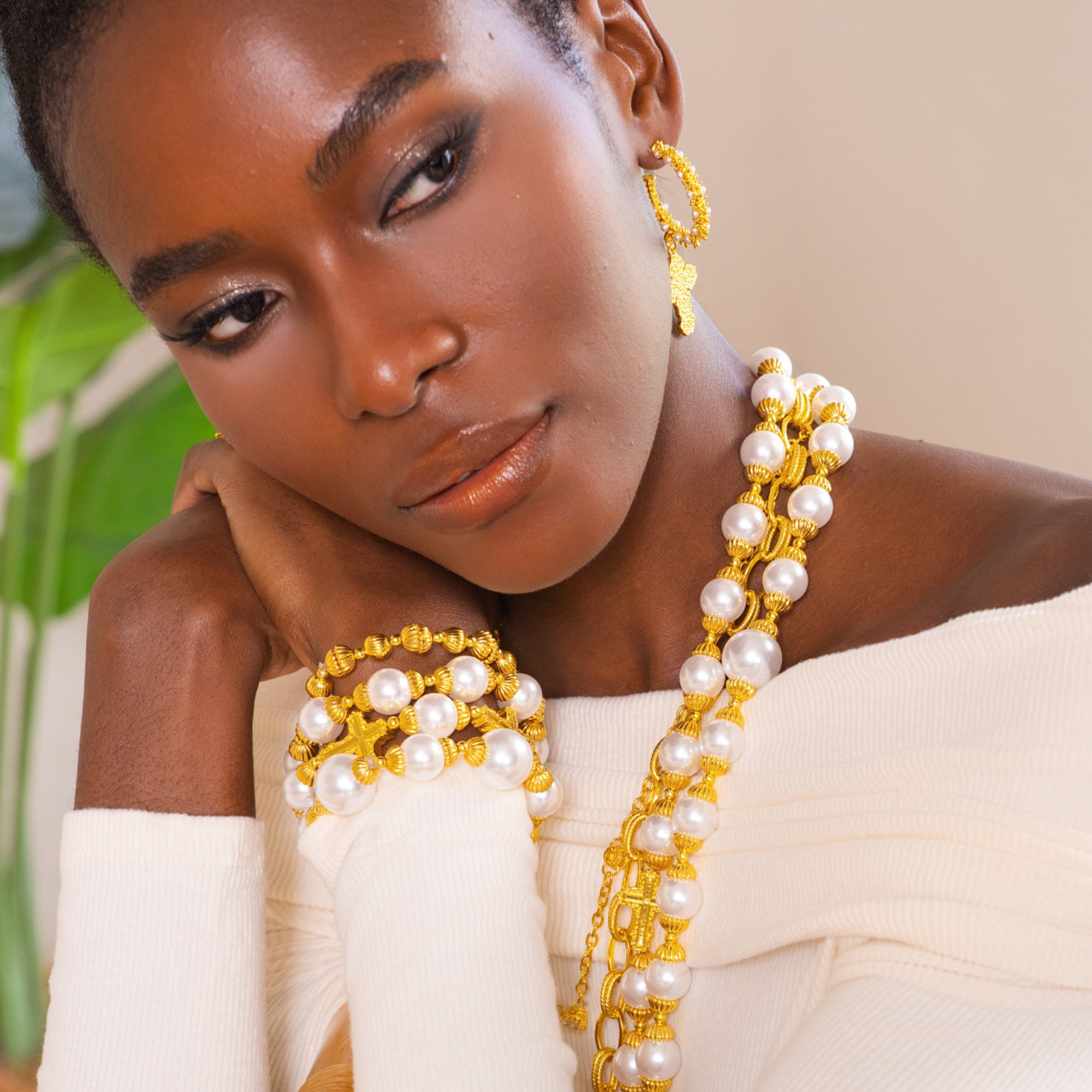 pearl bracelet stack, cross bracelet, stretch bracelet women, statement bracelet stack, fashion pearl bracelet, gold pearl bracelet, luxury bracelet women, religious jewelry bracelet, boutique bracelets, bold bracelet jewelry