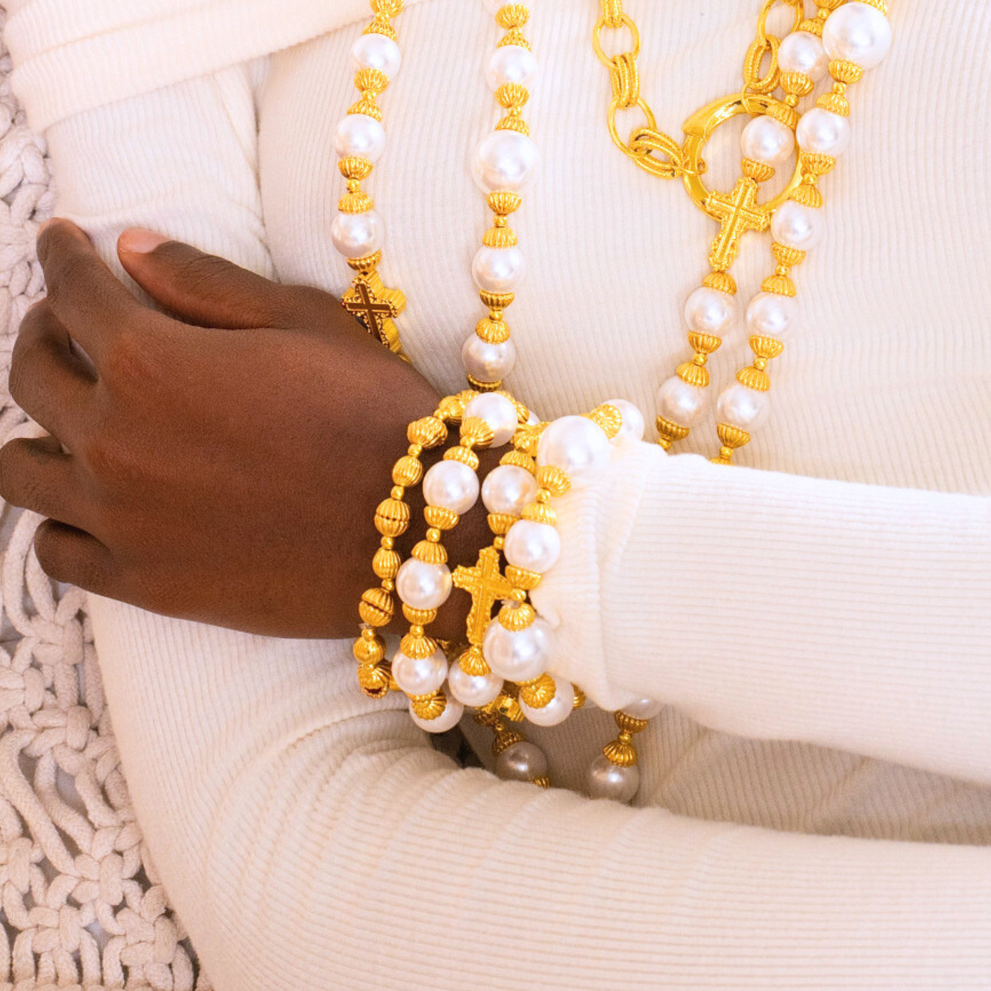 pearl bracelet stack, cross bracelet, stretch bracelet women, statement bracelet stack, fashion pearl bracelet, gold pearl bracelet, luxury bracelet women, religious jewelry bracelet, boutique bracelets, bold bracelet jewelry